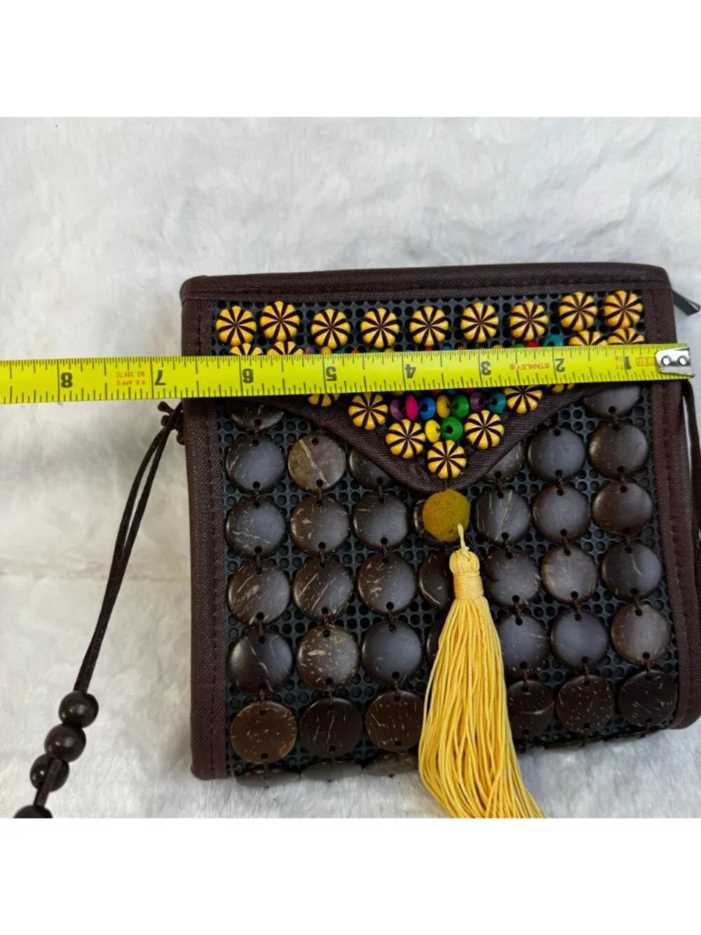 Handcrafted Coconut Shell Crossbody Bag Beaded Accents Tassel Boho Chic Design